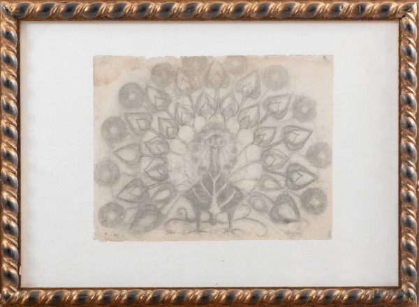 Pavone, XX secolo, stampa su carta, cm 36x52, entro cornice