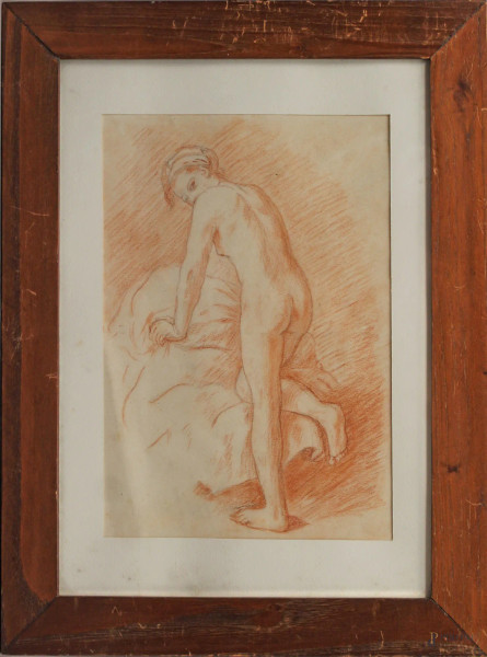 Nudo femminile, disegno a sanguigna su carta, cm 26x18, entro cornice.