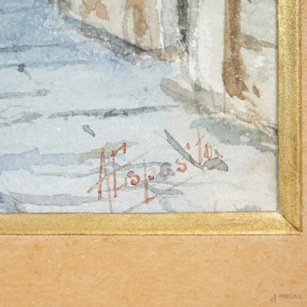 Due acquarelli su carta raffiguranti scorci di Napoli, misure max cm 24x17, firmati, entro cornic...