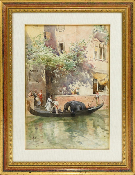 Gondola a Venezia, acquarello su carta firmato P. Sala, cm 51,5x34,5, entro cornice
