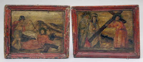 Lotto composto da due episodi della via Crucis, olio su tavola, cm. 17x21, XVIII sec.