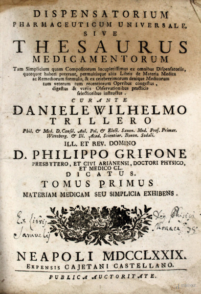 Dispensatorium pharmaceuticum, di Daniel Wilhem, tomi I e II, Napoli, 1779