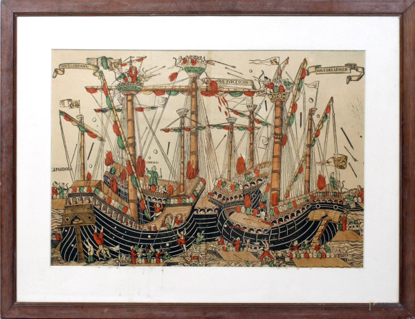 Battaglia navale tra cristiani e turchi, stampa a colori, cm. 41X60, entro cornice.