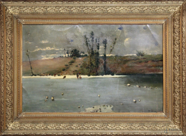 Antonio Barone, paesaggio fluviale con figura, olio su tela, cm 70x45, entro cornice.