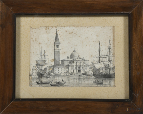 Stampa raffigurante scorcio veneziano, XIX secolo, cm 20x28, entro cornice, (segni di usura, gore, lacune, foxing, rotture)