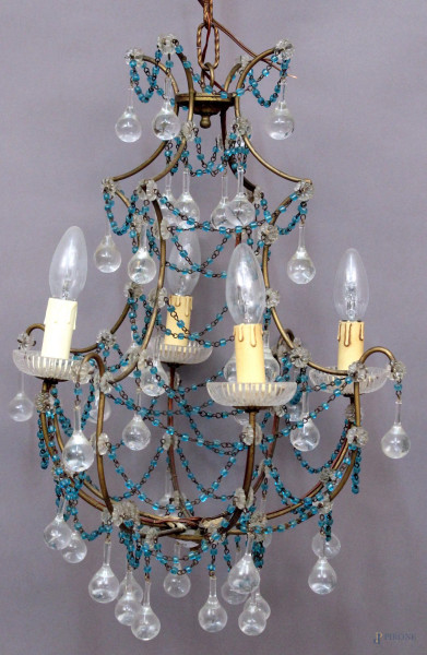Lampadario a quattro luci, a gocce blu e perline, anni &#39;40, H 50 cm.