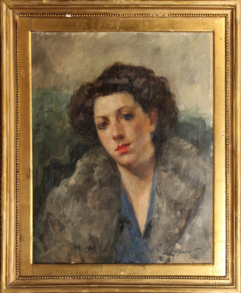 Paolo Emilio Passaro - Ritratto di donna, olio su tela, cm 56x46, entro cornice.