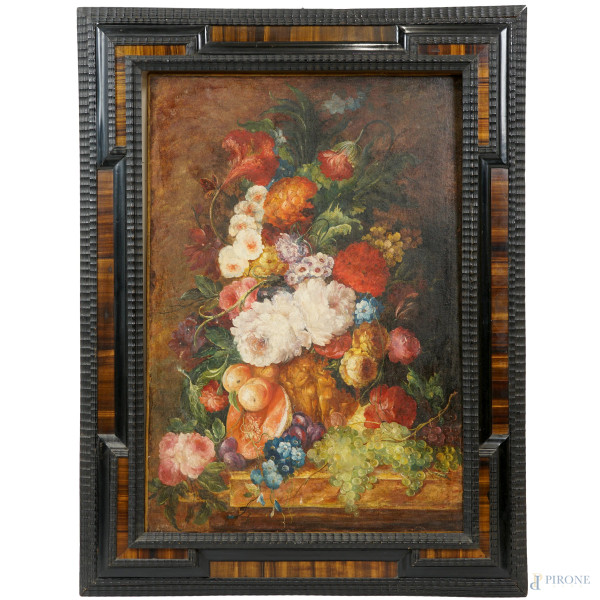 Natura morta di fiori e frutta, olio su tela, primo XX secolo, cm 99,5x69,5, entro cornice