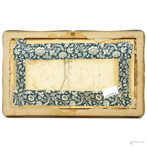 Marina con imbarcazioni, XIX secolo, olio su cartone, cm 18x40, firmato, entro cornice, (difetti)