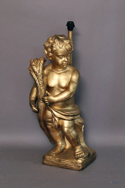 Fanciullo con spiga di grano,scultura in gesso dorato,montata a luce elettrica,completo di paralume,h 85 cm.