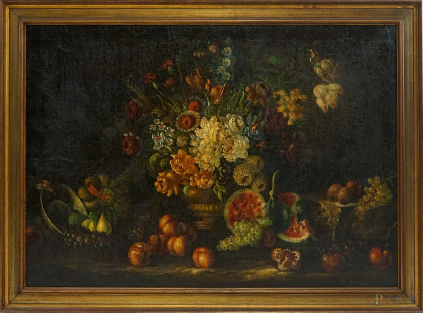 Natura morta, fiori e frutta, olio su tela, cm 100x139, firmato, entro cornice