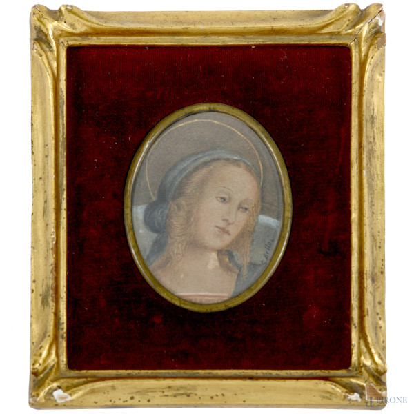 Volto di Santa, XX secolo, miniatura ovale a tecnica mista su carta, cm 6,5x5, firmato al lato, entro cornice, (cadute di colore, umidità)