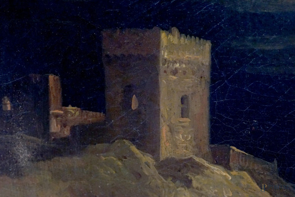 Pittore attivo a Genova alla fine del XVII secolo, Fuga da un incendio al chiaro di luna, olio su...