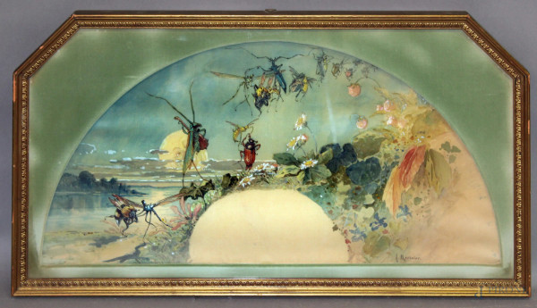 Alfredo H.Marinier, Scena di fantasia con insetti, acquarello su carta, cm 63x33 a forma di  ventaglio, entro cornice.