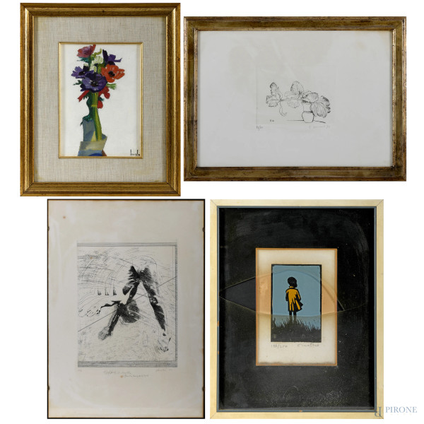Lotto di tre stampe e un olio su tela, XX secolo, misura massima cm 68,5x49, (difetti)