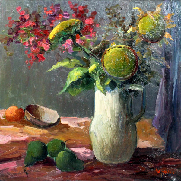 Vaso con fiori, olio su tela, cm. 70x70, firmato.