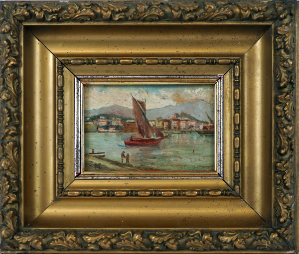Scorcio di costa con imbarcazioni e figure, olio su tavola, cm 10x14,5, firmato, entro cornice.