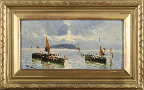 Marina con barche di pescatori, XX, olio su faesite, cm 20x40, firmato in basso a sinistra, entro cornice
