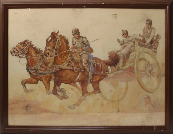 Militari in carrozza della Prima Guerra Mondiale, acquarello su carta, cm 60 x 80,  siglato e datato, entro cornice.