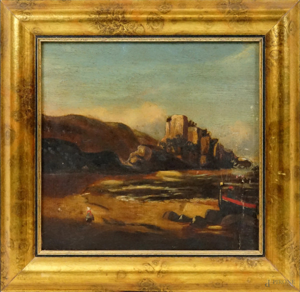 Paesaggio costiero, olio su cartone, inizio XX secolo, cm 26x25, entro cornice