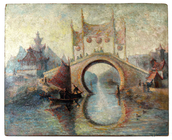 Paesaggio orientale, olio su cartone, cm 65x82, XX secolo