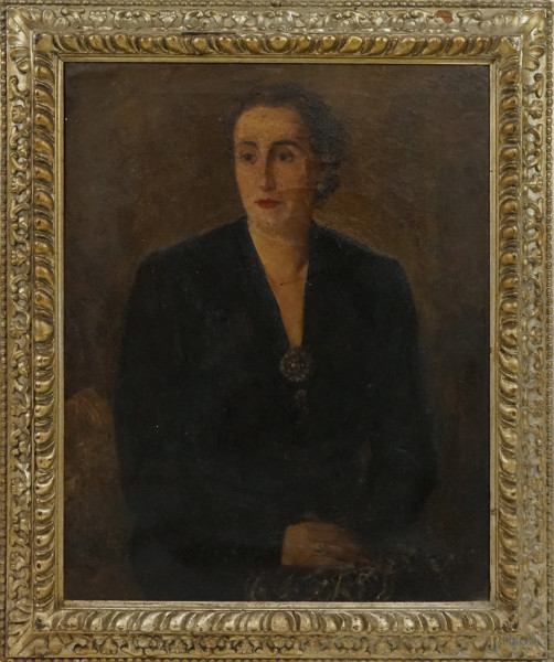 Ritratto di donna, olio su tela, cm 87,5x68,5, firmato e datato, entro cornice.