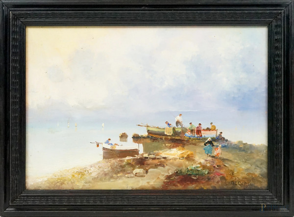 Marina napoletana con figure e pescatori, olio su compensato, cm 24x34, firmato, entro cornice