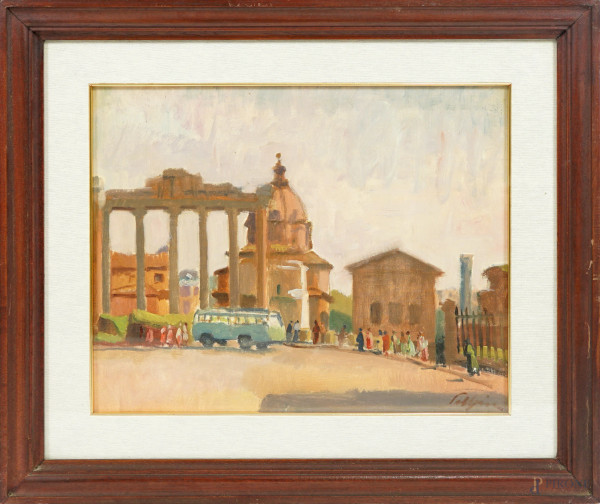 Veduta dei Fori Imperiali, olio su cartone telato, cm 40x50, firmato, entro cornice