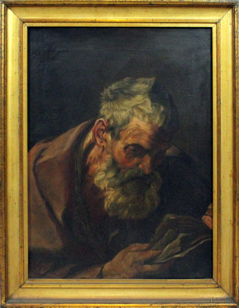 Da Guido Reni,  Apostolo che legge, olio su tela, XX secolo, cm 66x50, entro cornice