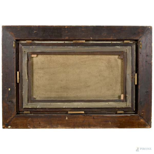 Paesaggio fluviale con figure, XIX-XX secolo, olio su tela, cm 45,5x81,5, firmato in basso a sini...