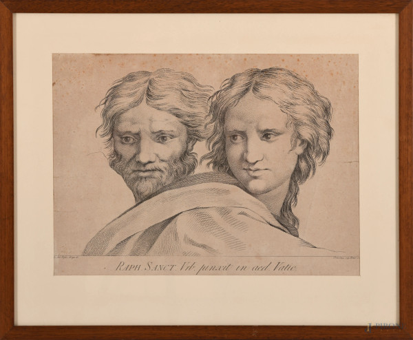 Incisione da Raffaello Sanzio, XX secolo, cm 44x54 compreso passepartout entro cornice, (gore e piegature)