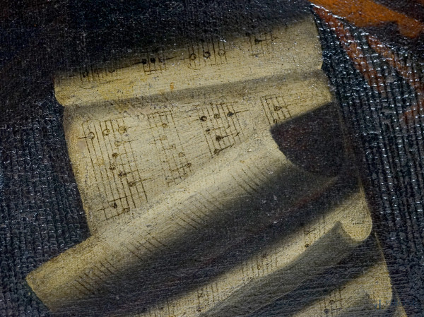 Natura morta con strumenti musicali, olio su tela, cm 71,5x117,5, entro cornice