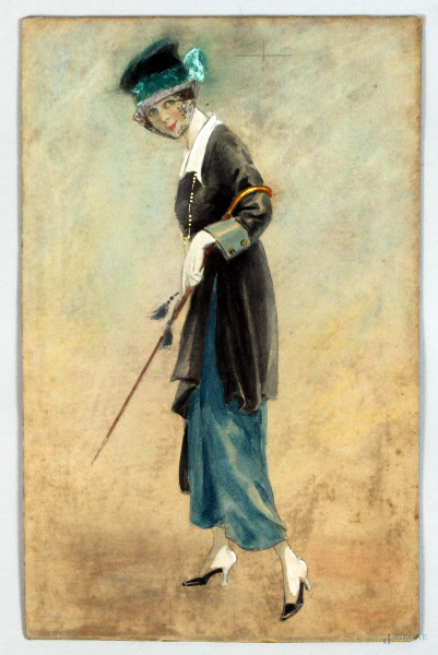 Luigi  Bompard - Signora con ombrello, tecnica mista su cartone, cm 26,5x17