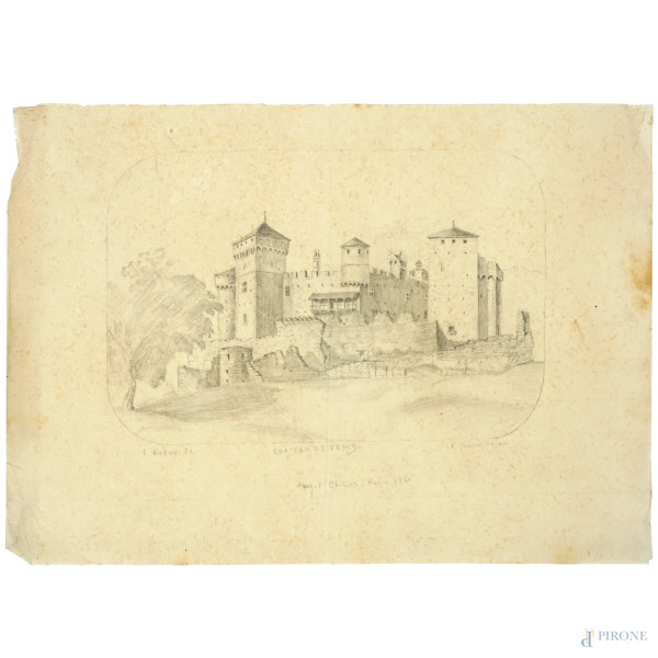 Chateau de Fenis, matita su carta, dall'acquaforte di Étienne Chavanne (1797-1887), cm 23x32