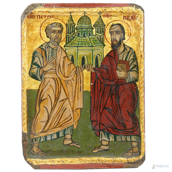 Icona con due santi su fondo dorato, tempera su tavola, Russia, sec. XX, cm 28,5x21, (difetti)