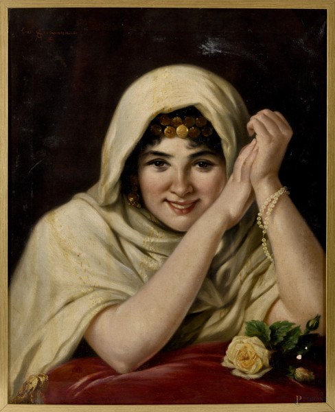 Odalisca con rosa bianca, olio su tela, cm 62,5x49,5, firmato "Cav. A. Scognamiglio" in alto a sinistra", entro cornice, (difetti)