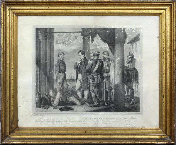 Stampa del XIX secolo raffigurante scena risorgimentale, 60x75 cm, entro cornice, (difetti sulla tela)