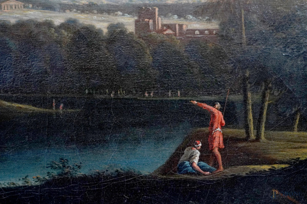 Paesaggio con figure, fine XVIII secolo, olio su tela, cm 35x51,3, entro cornice