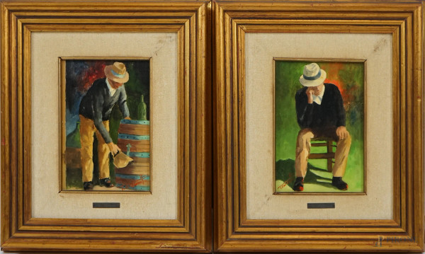 Tonino Cardenuto - Due figure con cappello, olio su cartone telato, cm 18x13, entro cornici