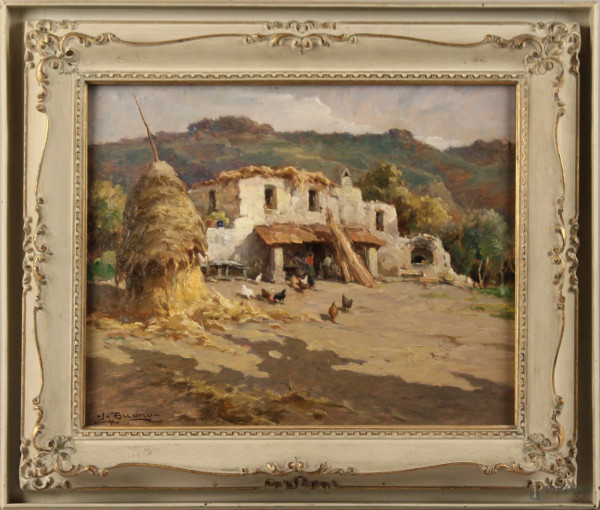 Leon Giuseppe Buono - Meriggio campestre, olio su cartone, cm. 40x50, entro cornice.