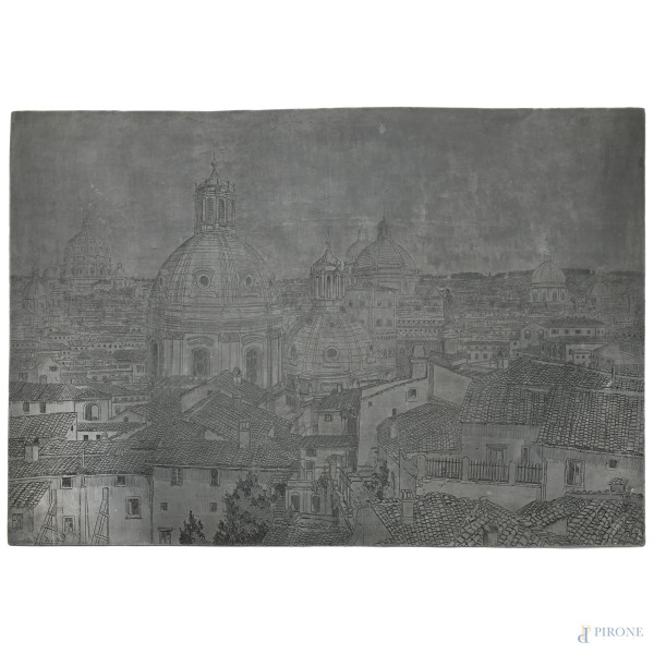 Veduta di Roma, lastra calcografica, cm 45x67, (segni di usura). 