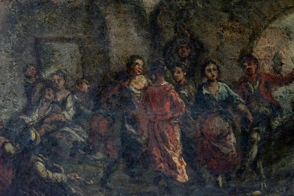 Scuola napoletana del XVII secolo, Coppia di paesaggi con figure, olio su tela, cm 22,8x32,5, ent...