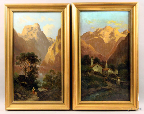 Coppia di paesaggi montani con figure, olio su tavola, cm. 46x26, firmati, entro cornici.