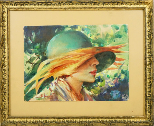 Donna con cappello, acquarello su carta, cm 21,5x20, firmato Camillo Innocenti, entro cornice.