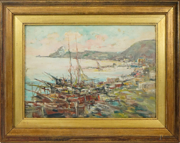 Veduta del Golfo di Napoli, olio su cartone, cm 19,5x27,5, firmato Maduca, entro cornice