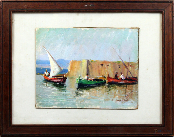 Marina con imbarcazioni e figure , olio su tavola 21x26,5cm, firmato , entro cornice.