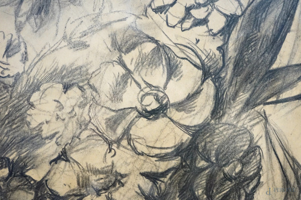 Coppia di nature morte, disegni a carboncino su carta, cm 111,5x73,5, XX secolo, entro cornici, (...