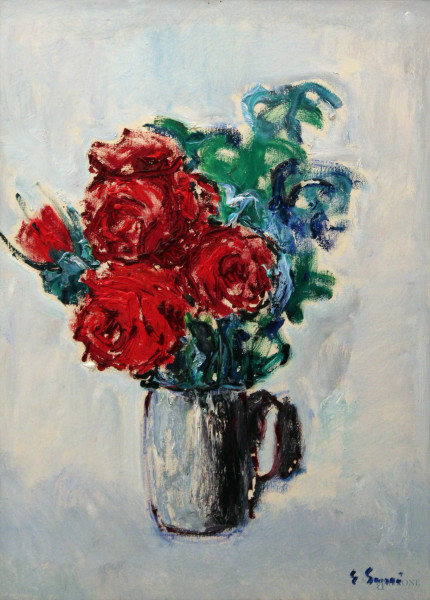 Giuseppe Succi - Vaso con fiori, olio su tela, 70x50 cm 