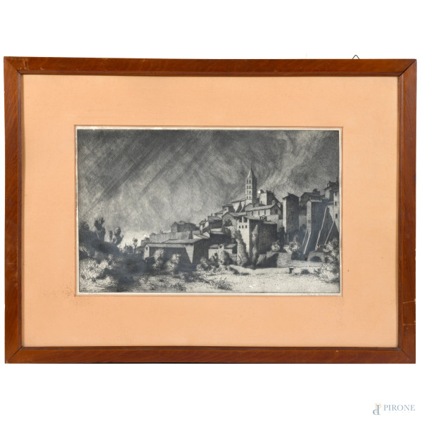 Lino Bianchi Barriviera (1906), Veduta di paese con chiesa, XX secolo, stampa, cm 30x46, entro cornice e passepartout