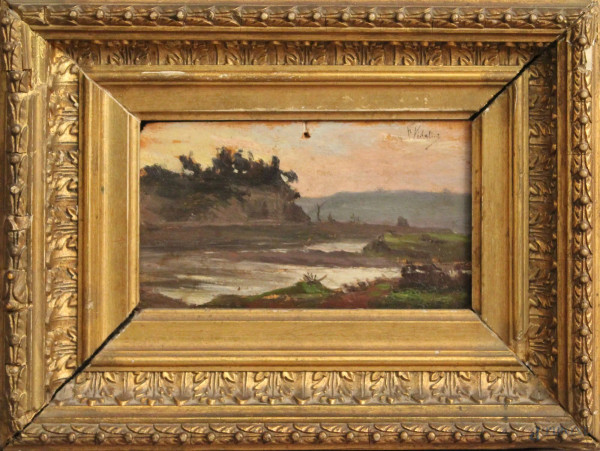 Paesaggio fluviale, olio su tavoletta firmato F. Vitalini, cm 6,5 x 11,5, entro cornice.